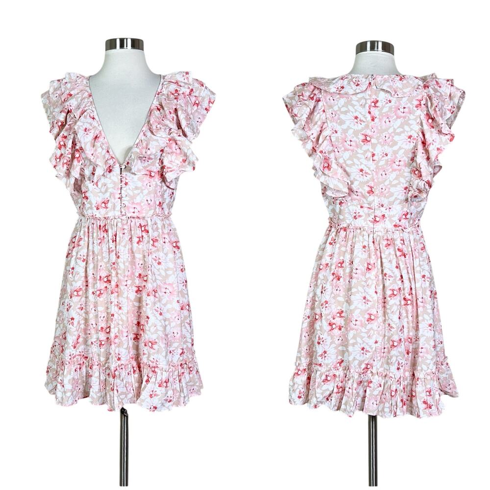 Storia | Ruffle Floral Pink Beige Short Sleeve A-Line Spring Summer Dress M